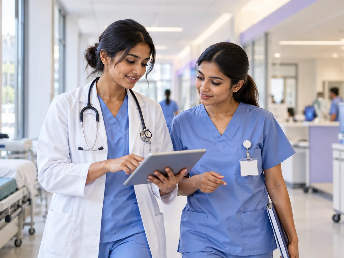Indian nurses in blue clinical uniforms working together in a modern hospital